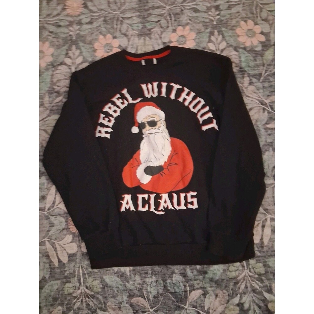 Mens Black Christmas Santa Claus Graphic Print Winter Casual sz L Rebel
